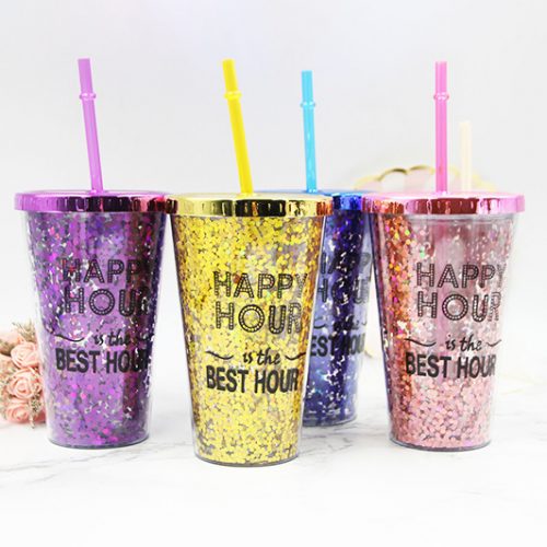 16oz double wall Glitter tumbler cup with lid and straw