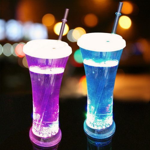 14oz Led plastic drinking juice glass with straw and lid