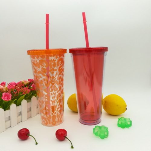 24oz Clear double wall tumbler cup with lid and straw