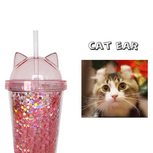 12oz Cat ear double wall plastic Glitter tumbler cup with lid and straw