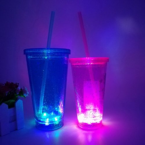 12oz LED flashing plastic glitter double wall tumbler