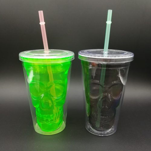 14oz Plastic double wall tumbler skull drinking juice cup