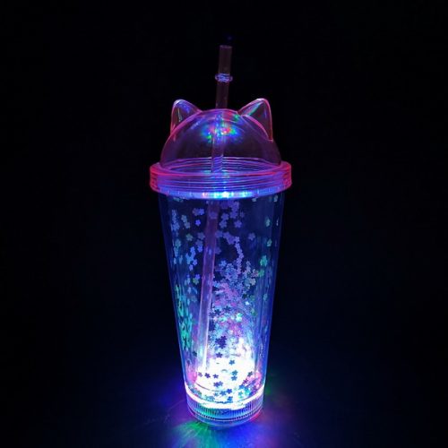 12oz Cat ear double wall plastic Glitter light up tumbler cup with lid and straw