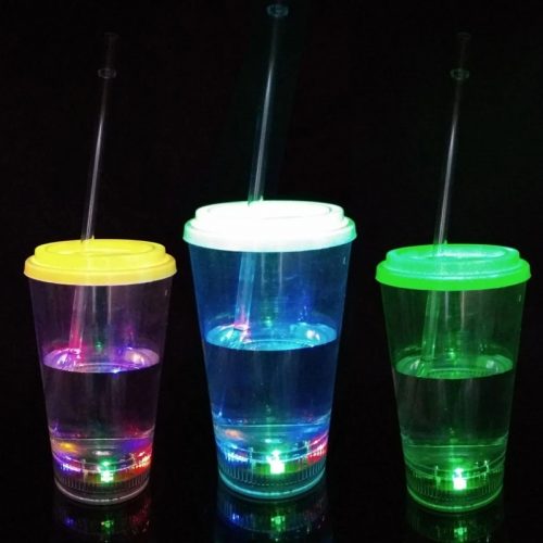 12oz Led plastic drinking cola glass with lid and straw