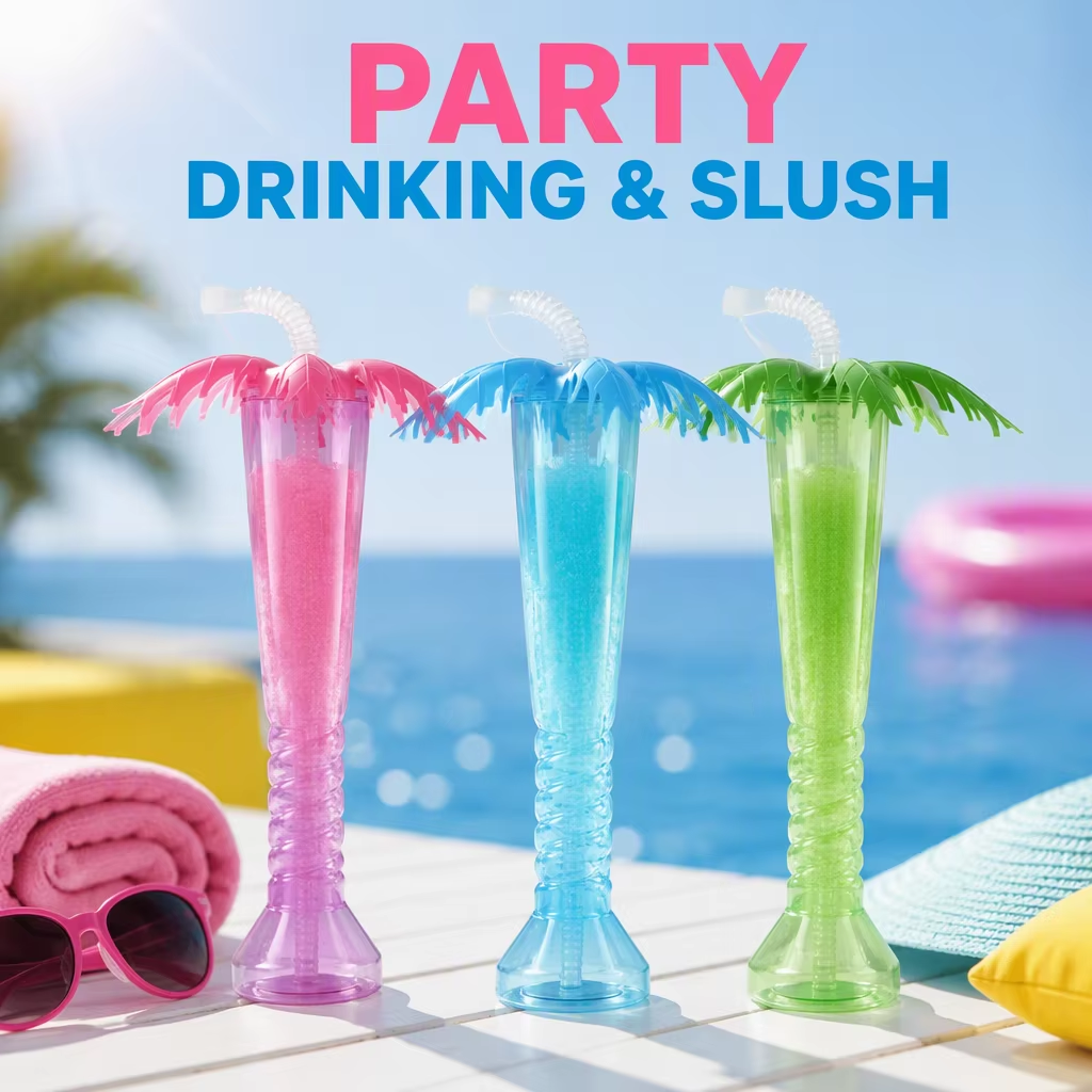 Plain plastic yard cup with lid and straw